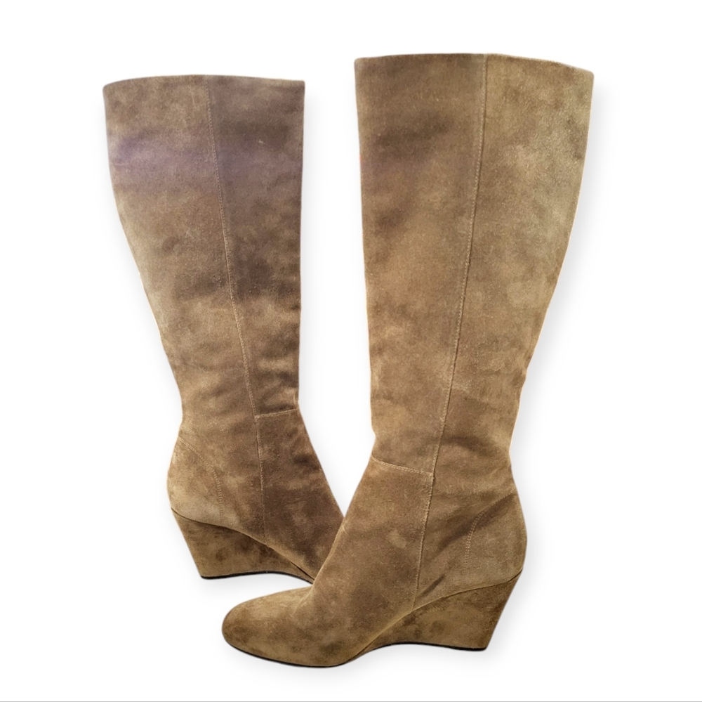 VIA SPIGA Suede Knee-High Wedge Boots Tan